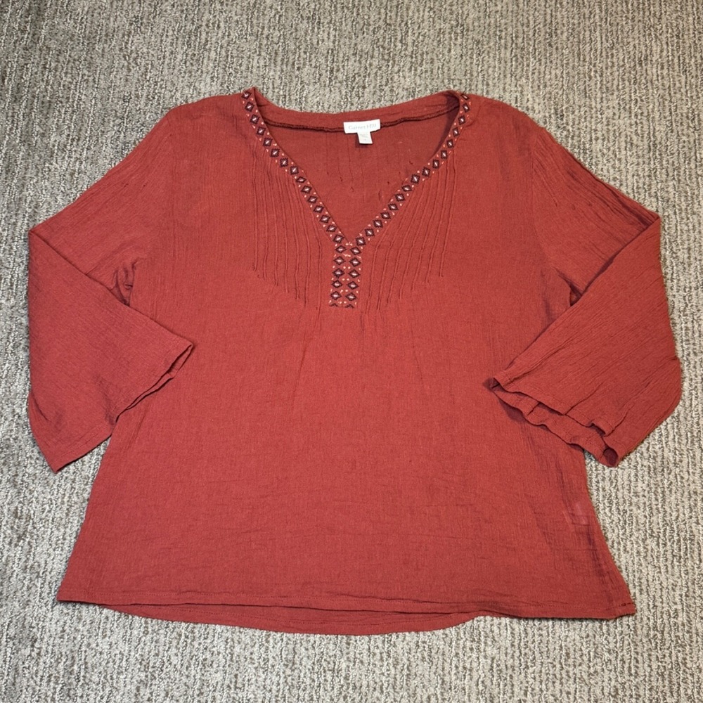 Garnet Hill Gauze Cotton Embroidered Top Womens 4 Flare 3/4 Sleeve Boho Festival